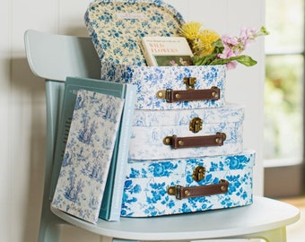 Personalisiertes Set von drei Celeste Blau-Weiß-Blumen-Kind-Koffer - personalisierte Geschenke für Kinder - Aufbewahrungskoffer - Custom Set