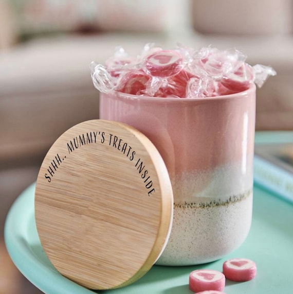 Personalised Pink Pot With Bamboo Lid storage Stoneware eco 