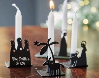 Vier maßgeschneiderte Krippen-Adventskerzen - Kerzenhalter - weiches Licht - Krippe - Weihnachtsbeleuchtung - 4er-Set - personalisierte Weihnachtsdekoration