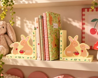 Personalised Bunny Rabbit Bookends, Wooden Children's Bookends, Nursery Bookshelf Decor, Rabbit Bedroom Accessories, Baby Gift