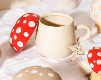 Personalised Red or cream Ceramic Mushroom Mug With Lid mug ,summer garden table, sweetgift, foraging, unusal mug