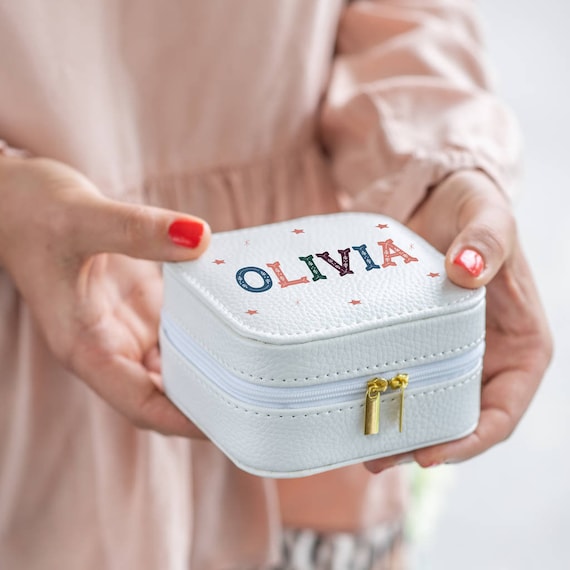 Personalized Travel Jewelry Case: White PU Leather, Custom Name