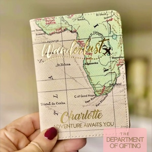 Personalised Map Design Passport Cover , travel accessory , gold lettering- hand printed- gold highlights-WANDERLUST