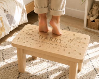 Personalized Wooden Stool – Moon Stars Nursery Decor, Child Name (Assembly Required)