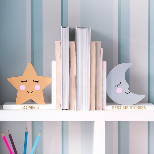Library Children's Moon and Star Bookends Nursery Bedroom Home Decor 