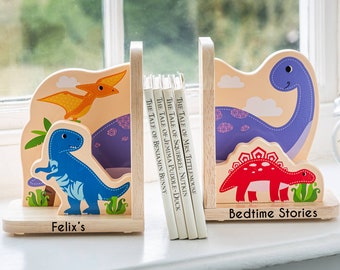 Personalised Wooden Dinosaur Bookends- first birthday gift - christening gift - Dinosaur Bookends - customised bookends -bedroom update gift
