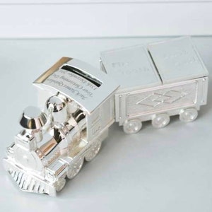 Personalised TRAIN Silver Plated Money Box , Christening gift for a little boy , Keepsake money box , piggy bank