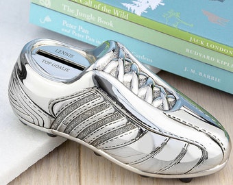 Personalisierte versilberte Fußballschuh Spardose: Taufgeschenk