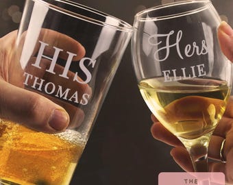 Juego de copas de vino y pinta personalizadas para él y para ella: regalo de compromiso