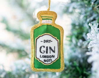 Botella de ginebra bordada a mano, decoración navideña, verde y dorado