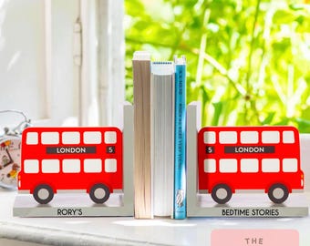 Personalized London Bus Bookends – Nursery Decor, Baby Gift