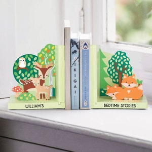 Personalised Woodland Animal Bookends - Cute Animal Wooden Bookends - First Birthday Gifts - Customised Bookends - Nursery- FSC® wood