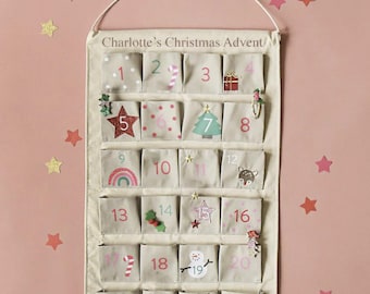 Personalised Reusable Fabric Christmas Advent Calendar - Christmas countdown- Personalized cotton advent-customised advent-adventskalender