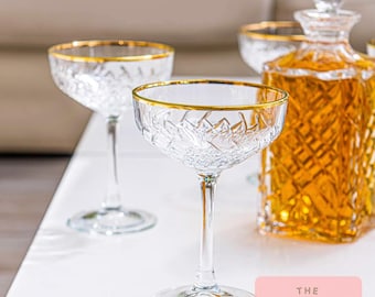 Gold Rim Champagne Coupe Set: Hand Crafted Celebration Glasses
