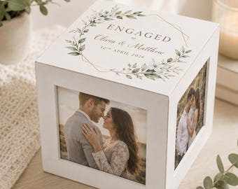 Personalized White wood distressed Photo Cube: BOTANICAL design -Holds photos - keepsake gift- Anniversary- Wedding