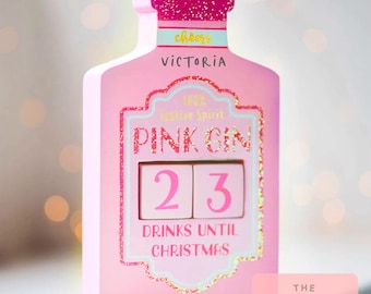 Compte à rebours de Noël personnalisé pour gin rose : blocs de chiffres réutilisables