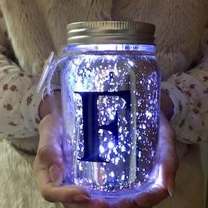 Light Up Monogram Jar-  Night Light-Sparkle Light-Letter Firefly Jar- Glitter Silver Sparkle Light- Lamp- -exclusive -hand painted-giftboxed