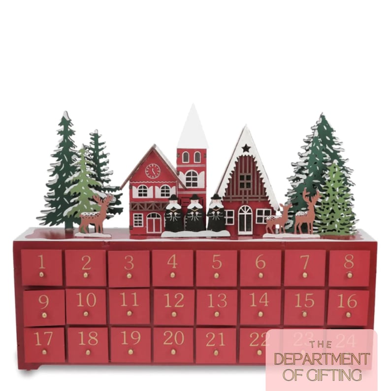 Calendrier de l'Avent personnalisé en bois rouge : scène d'hiver festive - Carol singers-adventskalender-Calendrier de l'avent image 7