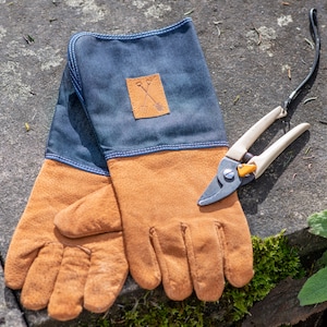 Personalised denim gauntlet gardening gloves dads gardening gloves personalised gardening gloves customized gloves-hardwearing glove image 3