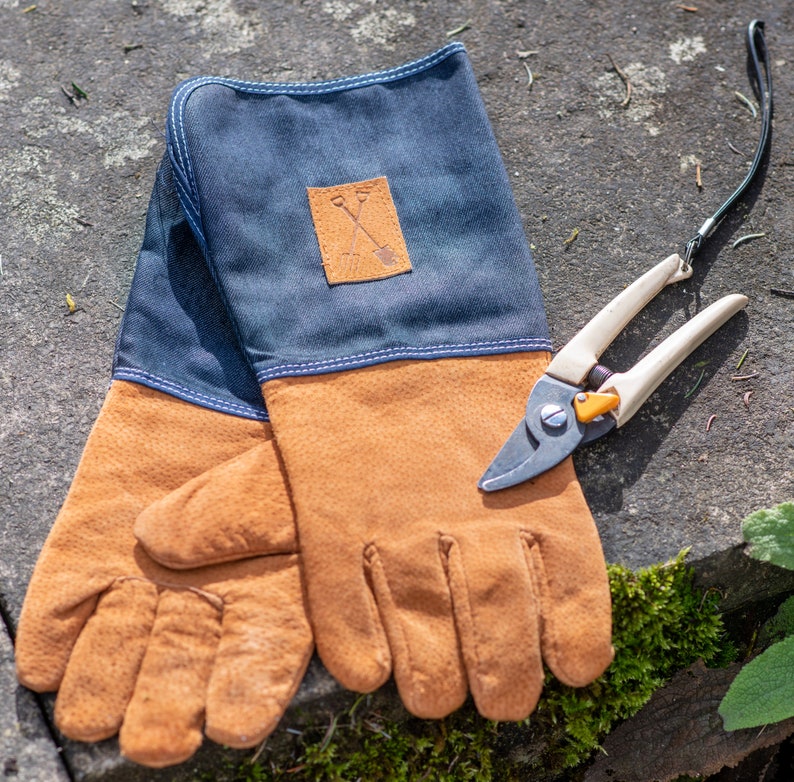 Personalised denim gauntlet gardening gloves dads gardening gloves personalised gardening gloves customized gloves-hardwearing glove zdjęcie 3