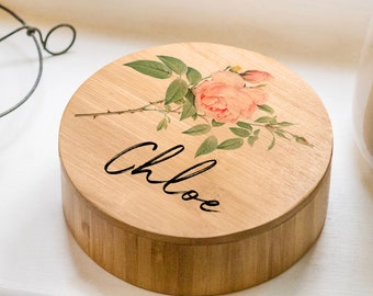 Personalised Birth Flower Bamboo Jewellery Box - Women's Trinket Box -Gift for Mum -Wooden Anniversary-Custom Made-painted design- Birthday