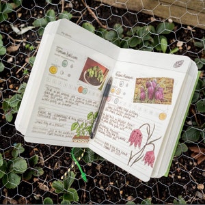 May include: An open gardening journal with handwritten notes and illustrations of plants. The journal includes a section for "Basil" and "Fritillary" with water requirements and characteristics. The journal is open on a table with a green mesh background.
