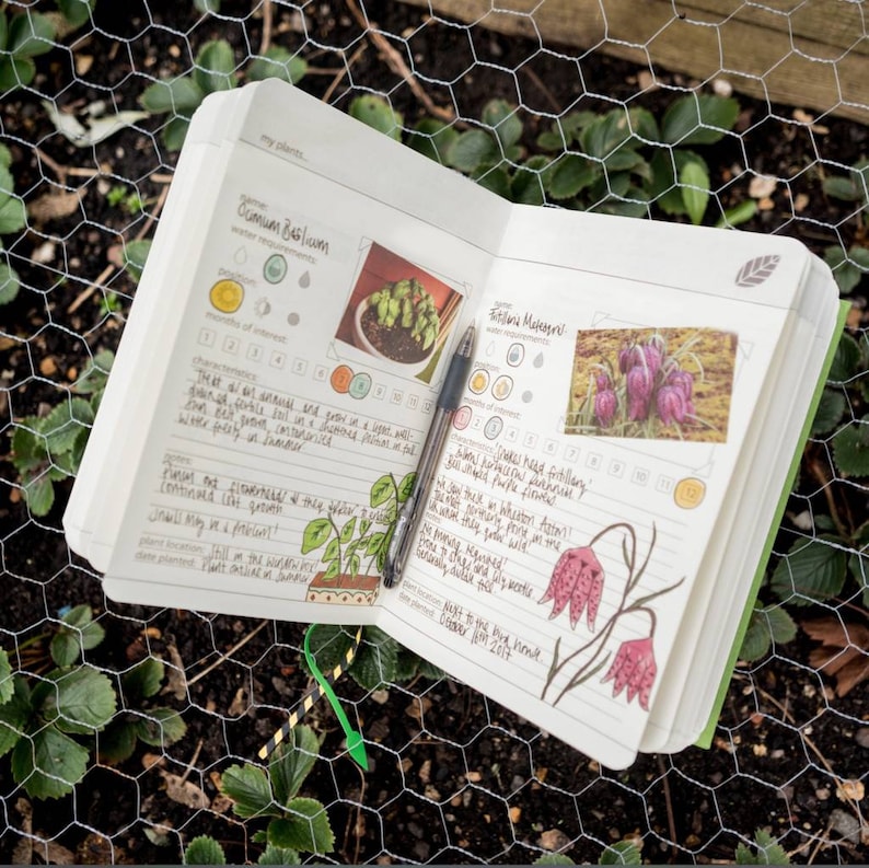 May include: An open gardening journal with handwritten notes and illustrations of plants. The journal includes a section for "Basil" and "Fritillary" with water requirements and characteristics. The journal is open on a table with a green mesh background.
