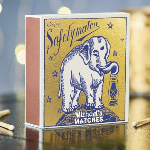 Personalised Gold Elephant Luxe Candle Matches - house warming gift- hand made matches - Elephant design - pretty matchbox