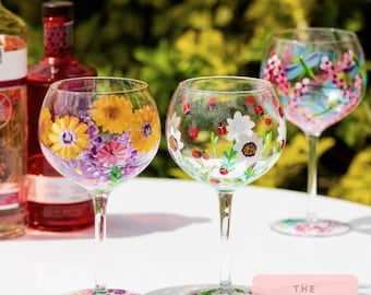 Hand Painted Floral Gin Glasses: Spring Flowers, Bees & Butterflies