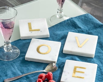 Alphabet Gold Initial Marble Coasters,  hand painted, Housewarming gift , spell it out, home update , monogram ,initals-gold-heart coaster