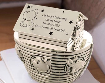 Personalised silver plated box,  Engraved Noah's Ark Money Box , personalised keepsake money box,christening gift- New baby gift-batisium