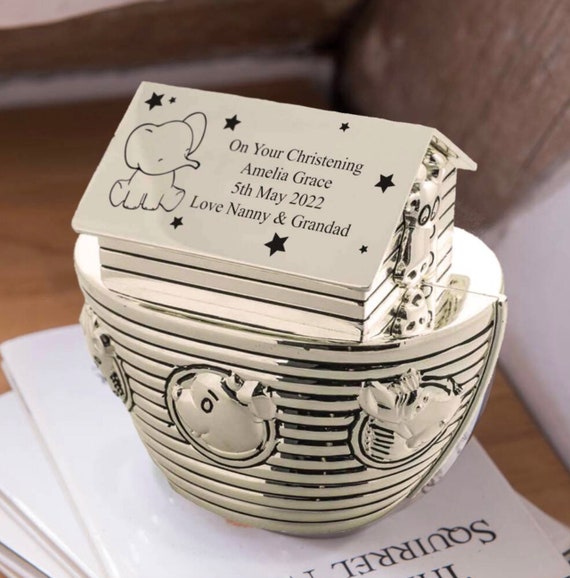 Personalized Silver Plated Noah's Ark Money Box: Christening Gift