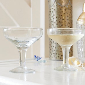 Hand Etched Star Champagne Coupes - Recycled Glass Celebration Glasses - Set of 2