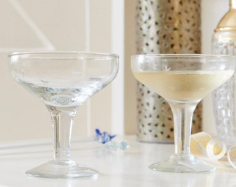 Hand Etched Star Champagne Coupes - Recycled Glass Celebration Glasses - Set of 2