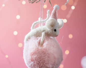 Felt- hand made Mouse Pink Pom Pom Bauble - soft babies first christmas-pink bauble- christmas pom pom- mouse -felt-crafted wool