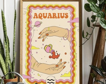 Impresión del zodiaco estilo años 70: Arte mural astrológico retro