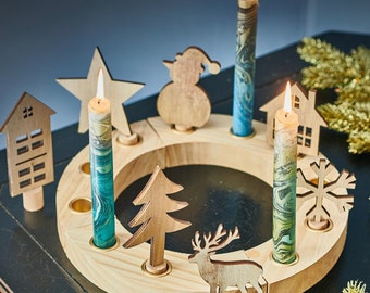 Wooden Nativity Advent Candle Holder: Christmas Table Centerpiece