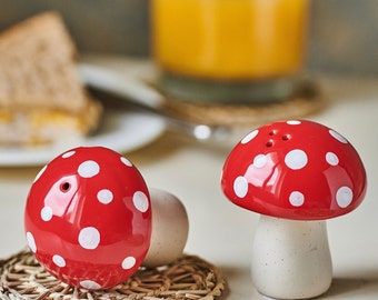 Hand painted ceramic molded Red Mushroom Salt And Pepper Set ,summer garden table, sweet gift, foraging, unusual condiment set