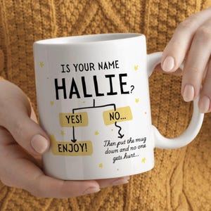 May include: White ceramic mug with a black and yellow design. The mug features a flow chart with the text "Is your name Hallie?"  The flow chart branches to "Yes!" and "No..."  The "Yes!" branch leads to "Enjoy!" The "No..." branch leads to the text "Then put the mug down and no one gets hurt..."