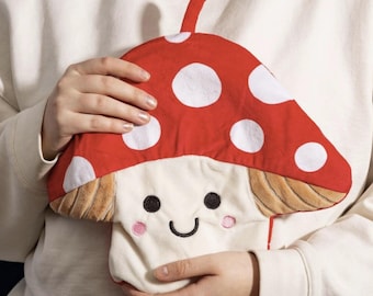 Personalised Red Mushroom Hot Water Bottle Plush Faux Fur Cover,