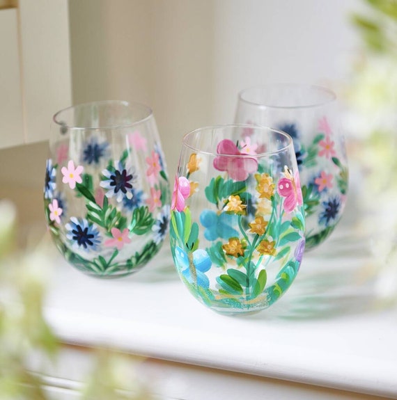 Hand Painted Flower Glass Tumblers Celebration Glasses water Glasses-pretty  Glasses Flowers 