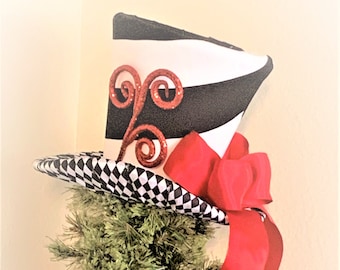 Black and White Top Hat - Christmas Tree Topper - Tree Topper Bow - Tree Topper Top Hat - Top Hat Tree Topper - Christmas Decoration