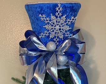 Silver and Blue Snowflakes Top Hat Tree Topper, Silver and Blue Hanukkah Decoration, Christmas Top Hat Tree Topper, Top Hat Centerpiece