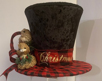 Red and Black Buffalo Plaid Tree Topper, Buffalo Top Hat Tree Topper, Christmas Decoration