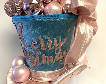 Teal and Pink Tree Topper, Pink and Teal Top Hat Tree Topper, Christmas Tree Topper, Christmas Decoration, Top Hat Tree Topper,  Centerpiece