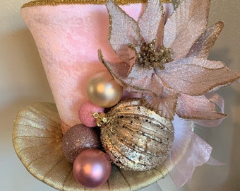 Pink and gold tree topper top hat, Top hat tree topper,  Christmas tree topper top hat, Top hat centerpiece, Christmas Decoration,