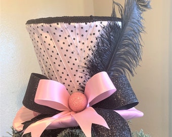 Polka-dot Tree Topper Top Hat,  Pink and Black Top Hat Tree Topper, Christmas Tree Topper Top Hat, Christmas Centerpiece, Christmas Decor