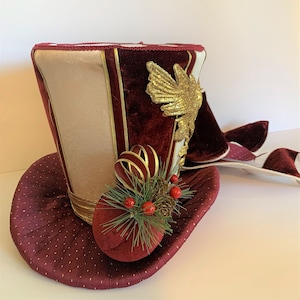 Christmas Tree Topper Top Hat, Wine and Ivory Velvet Top Hat, Christmas Tree Decoration, Christmas Centerpiece, Ivory and Wine Tree Topper