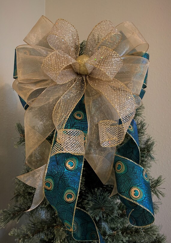 Blue Gold Peacock Christmas Tree Topper Bow 12x30 inch 