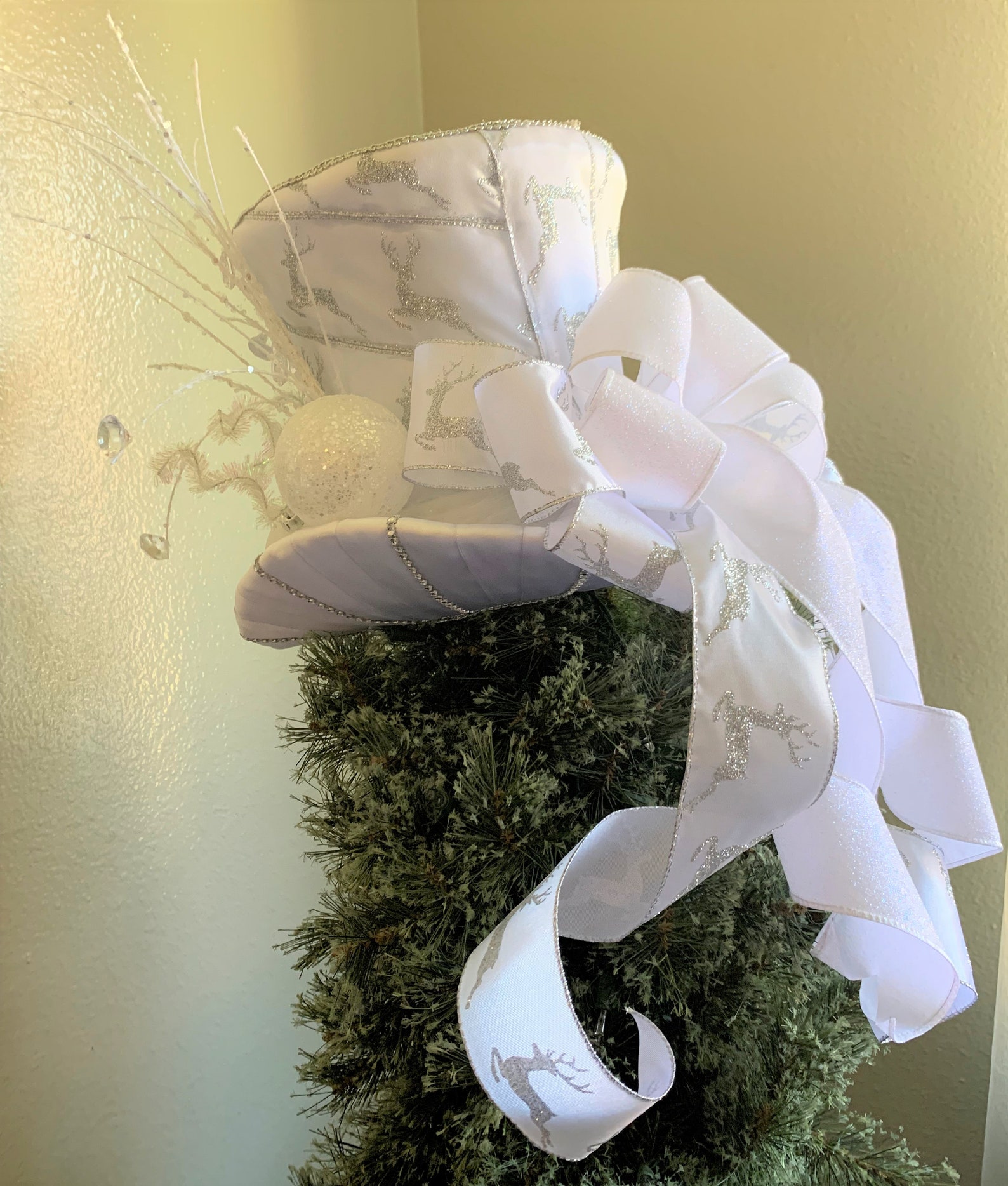 White Christmas Tree Topper Reindeer Top Hat Tree Topper Etsy